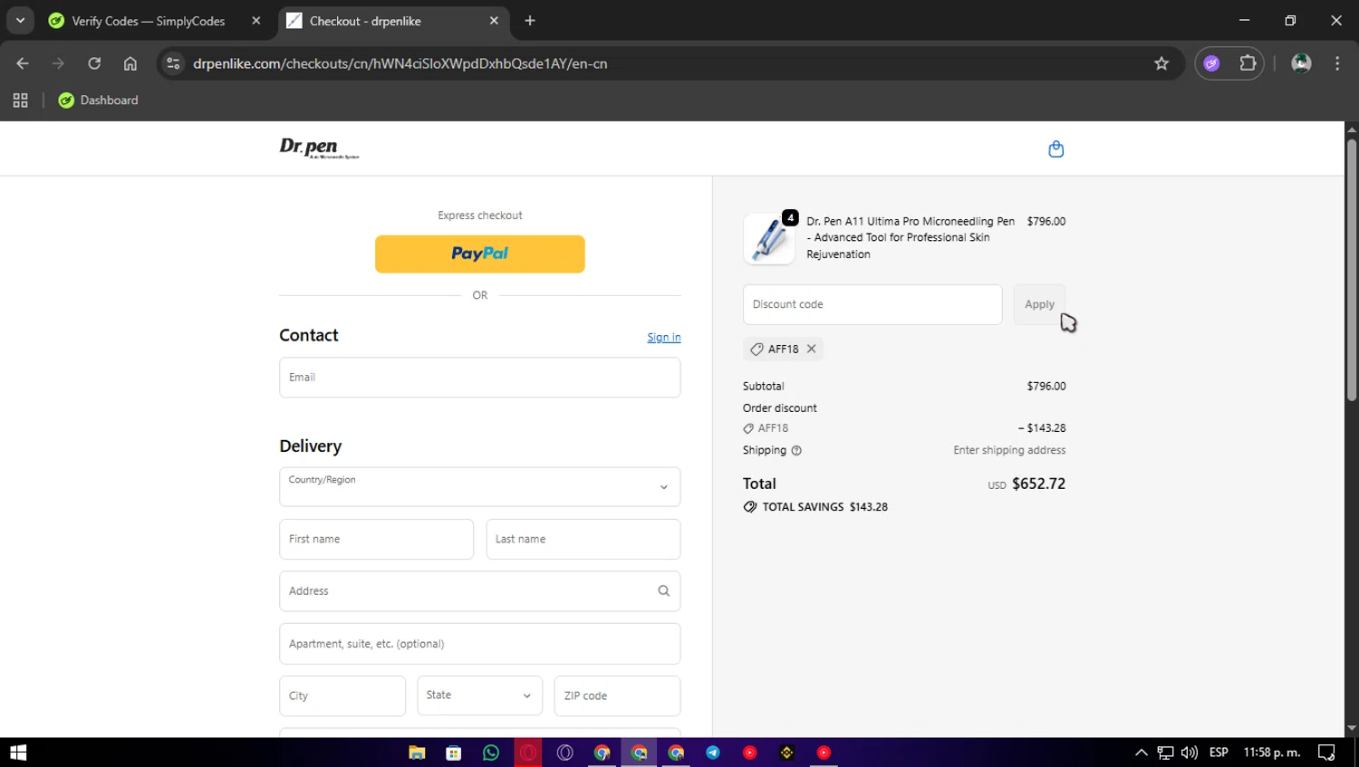 Dr. Pen discount code screenshot showing code AFF18 applied at Dr. Pen checkout page. Uploaded by SimplyCodes community member Franyer on Oct 28, 2025