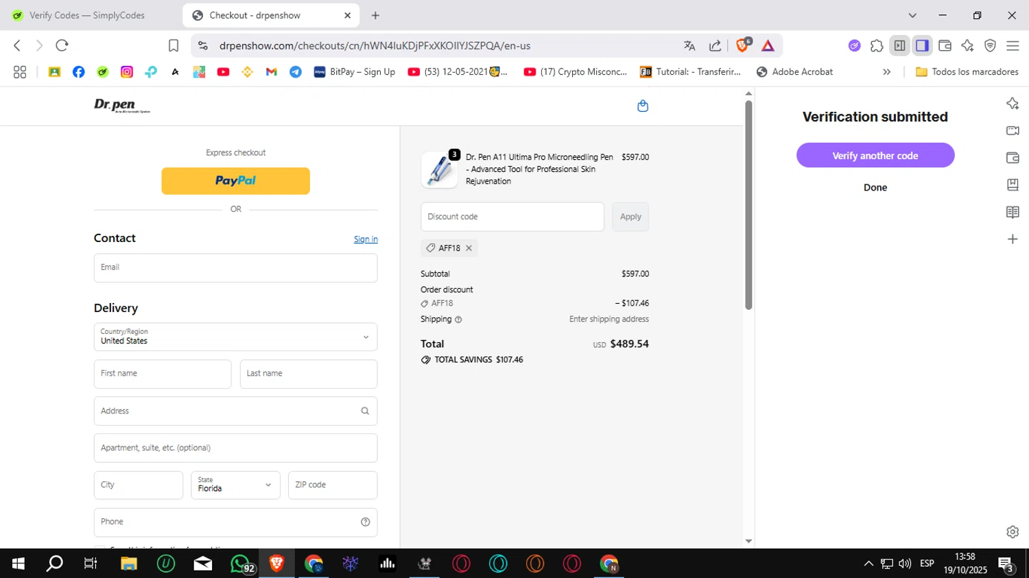 Dr. Pen discount code screenshot showing code AFF18 applied at Dr. Pen checkout page. Uploaded by SimplyCodes community member Sungjinwoo on Oct 19, 2025