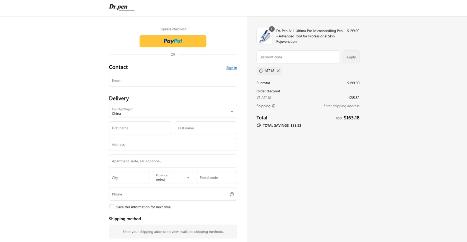 Dr. Pen checkout page showing Dr. Pen discount code box | Screenshot taken by SimplyCodes community member on Sep 10, 2025
