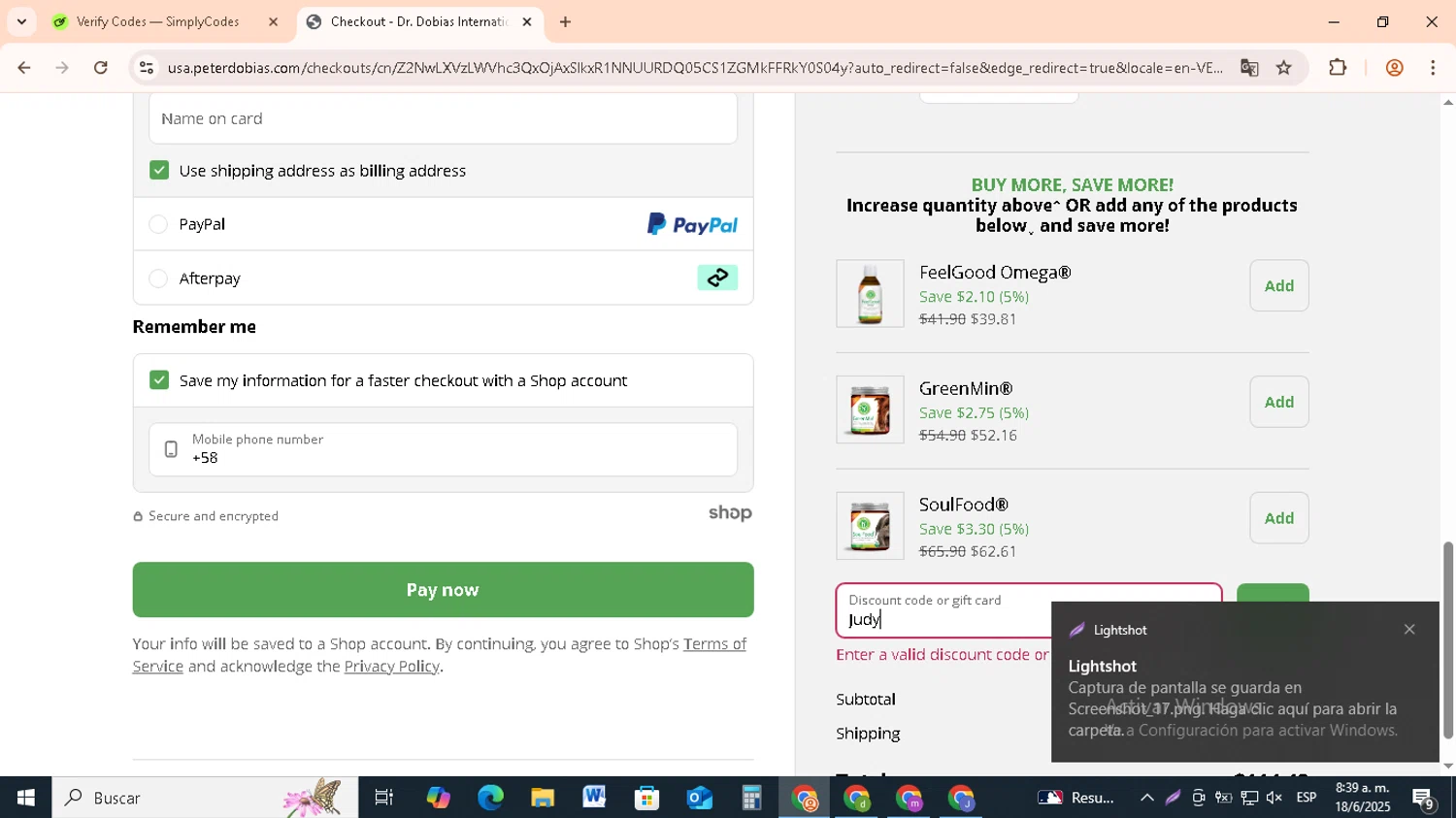 Dr. Peter Dobias promo code screenshot showing code Judy applied at Dr. Peter Dobias checkout page. Uploaded by SimplyCodes community member RebateCollector5909 on Jun 18, 2025