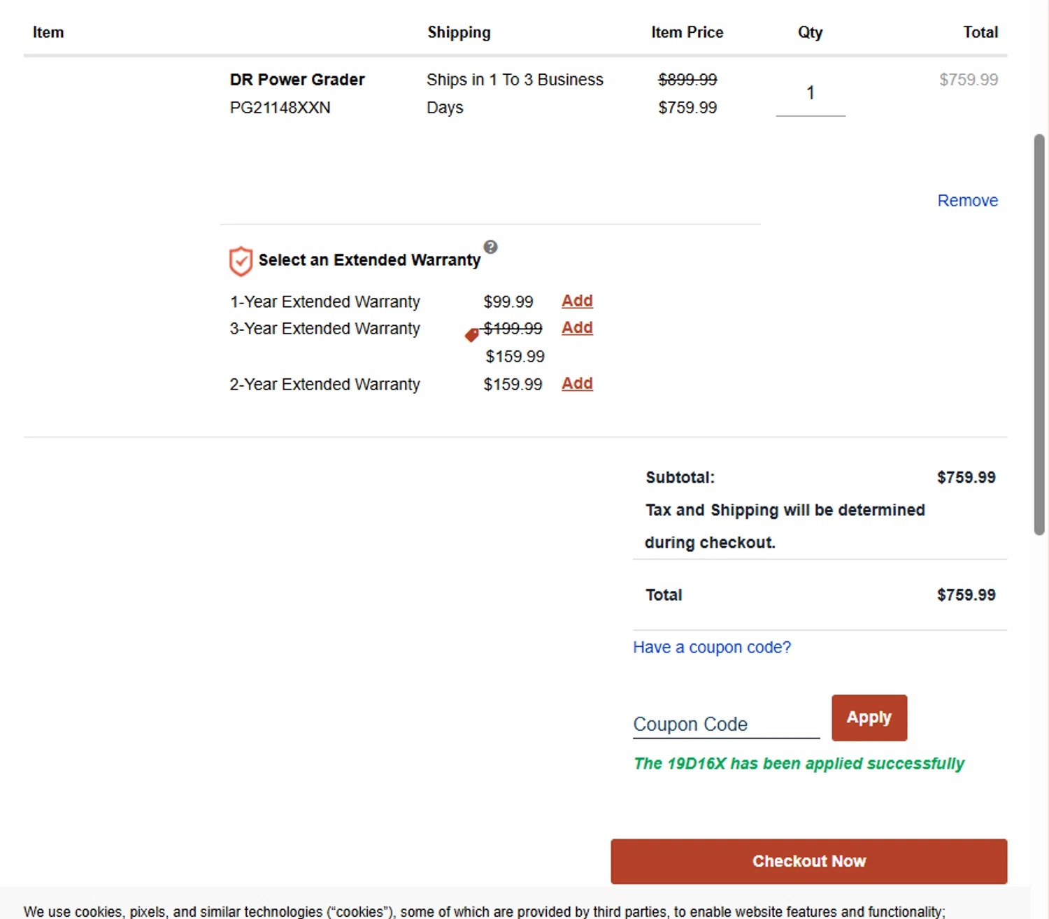 DR Power Equipment promo code screenshot showing code 19D16X applied at DR Power Equipment checkout page. Uploaded by SimplyCodes community member ashe1986 on Nov 10, 2025