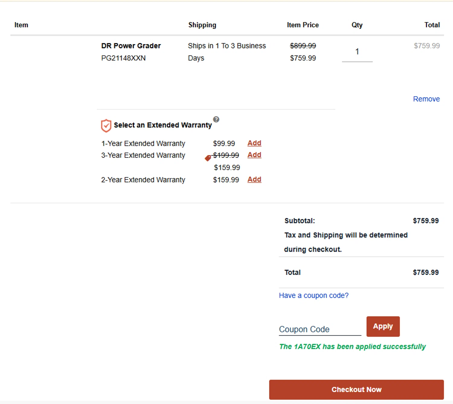 DR Power Equipment promo code screenshot showing code 1A70EX applied at DR Power Equipment checkout page. Uploaded by SimplyCodes community member ashe1986 on Nov 10, 2025