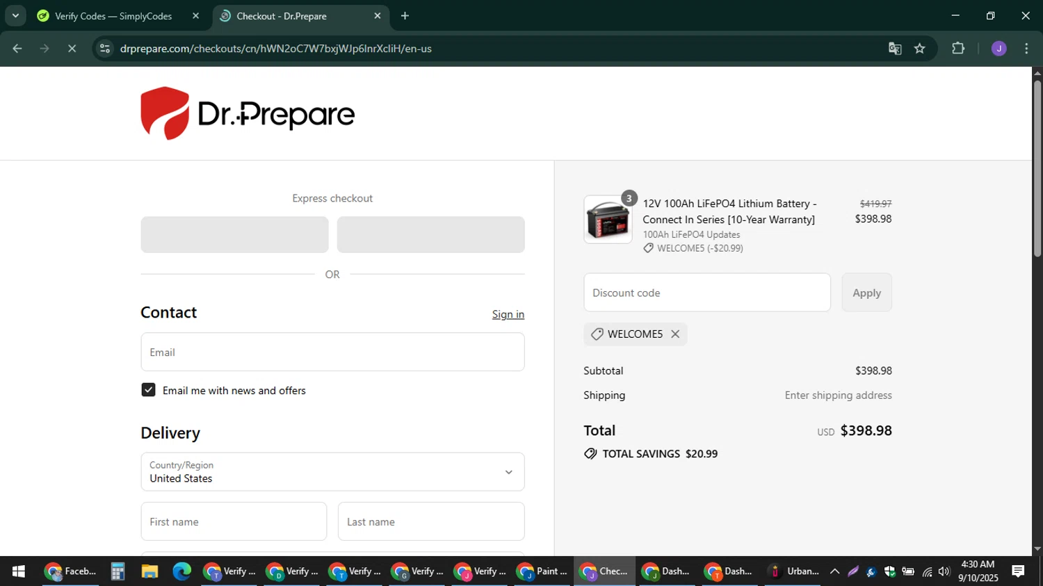 Dr.Prepare promo code screenshot showing code WELCOME5 applied at Dr.Prepare checkout page. Uploaded by SimplyCodes community member sniderjack453 on Sep 10, 2025