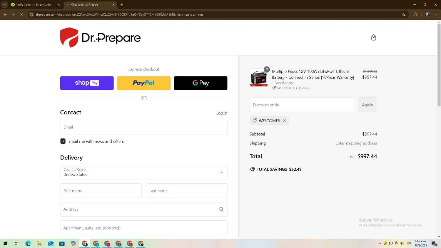 Dr.Prepare promo code screenshot showing code WELCOME5 applied at Dr.Prepare checkout page. Uploaded by SimplyCodes community member zadquiel on Feb 18, 2025