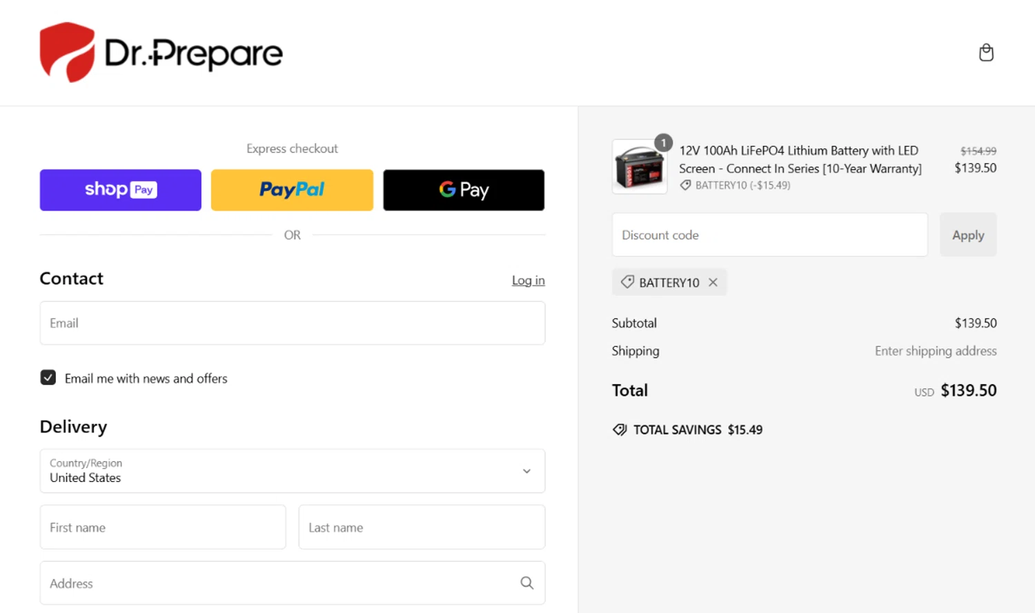 Dr.Prepare promo code screenshot showing code BATTERY10 applied at Dr.Prepare checkout page. Uploaded by SimplyCodes community member angelavidal on Jan 10, 2025