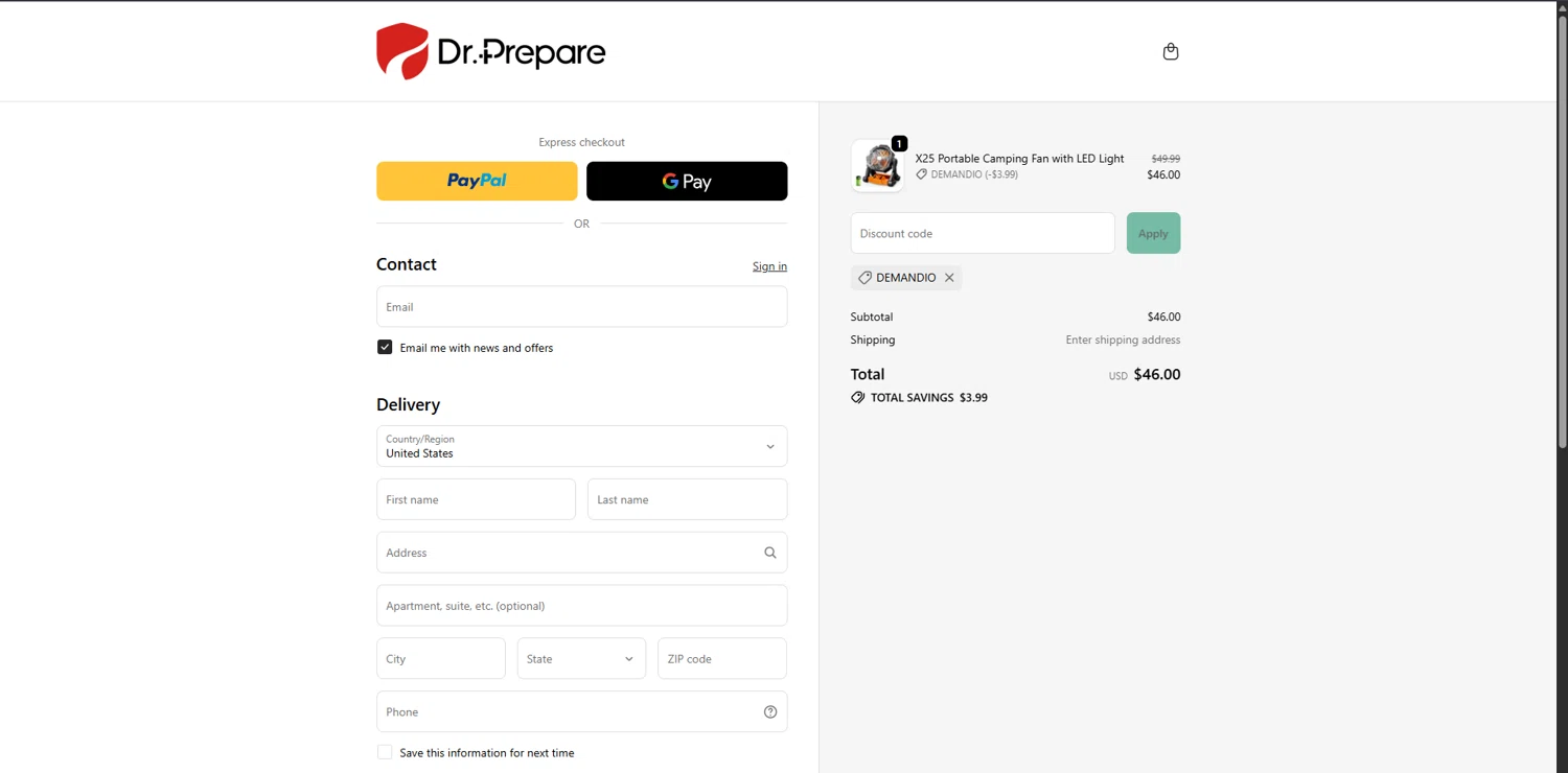 Dr.Prepare promo code screenshot showing code DEMANDIO applied at Dr.Prepare checkout page. Uploaded by SimplyCodes community member SavingsPioneer4533 on Nov 16, 2025