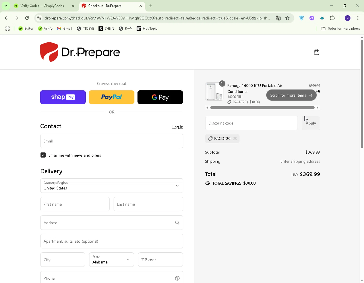 Dr.Prepare promo code screenshot showing code PACDT20 applied at Dr.Prepare checkout page. Uploaded by SimplyCodes community member CapitanCentella on Aug 7, 2025