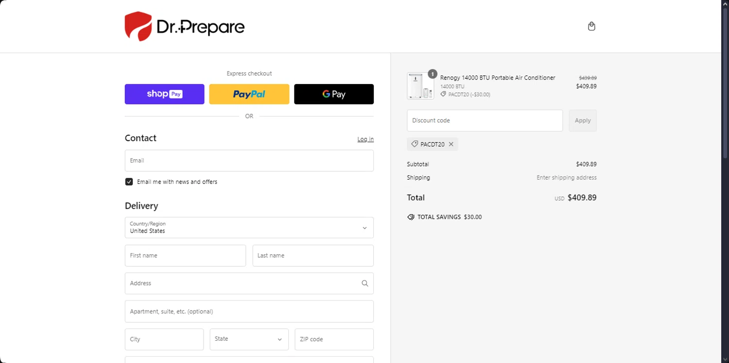 Dr.Prepare promo code screenshot showing code PACDT20 applied at Dr.Prepare checkout page. Uploaded by SimplyCodes community member the_loose_cannon on Feb 18, 2025