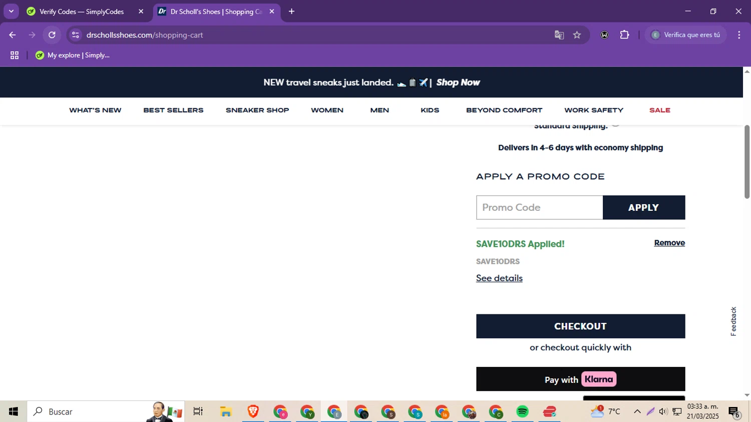 Dr. Scholls Shoes discount code screenshot showing code SAVE10DRS applied at Dr. Scholls Shoes checkout page. Uploaded by SimplyCodes community member MoneySeeker8573 on Mar 21, 2025