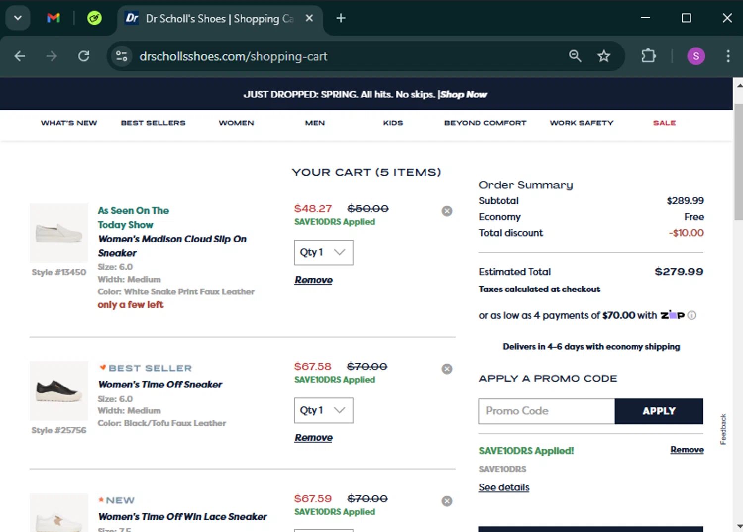 Dr. Scholls Shoes discount code screenshot showing code SAVE10DRS applied at Dr. Scholls Shoes checkout page. Uploaded by SimplyCodes community member tinkle_tinkle on Feb 25, 2025