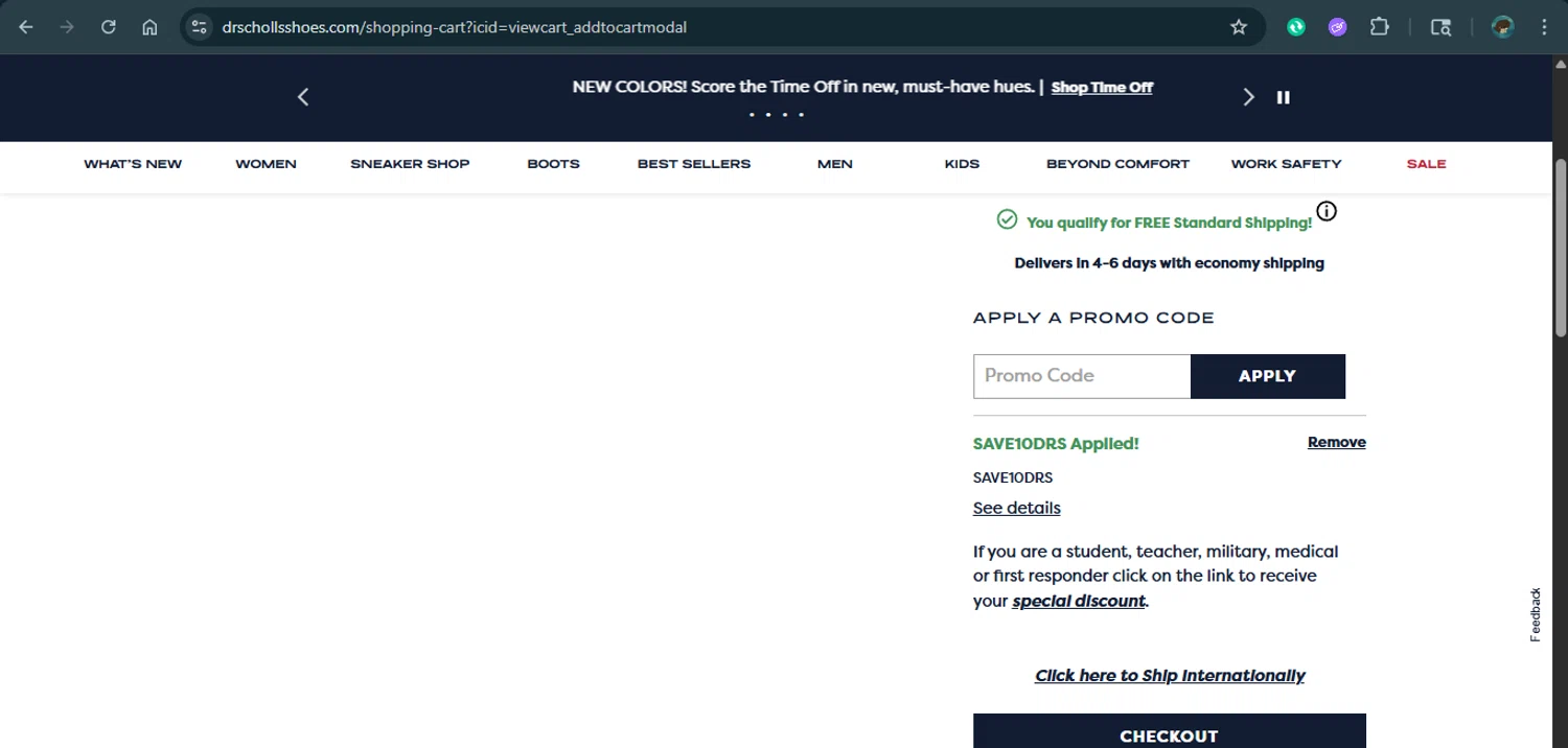 Dr. Scholls Shoes discount code screenshot showing code SAVE10DRS applied at Dr. Scholls Shoes checkout page. Uploaded by SimplyCodes community member xAngel on Aug 6, 2025