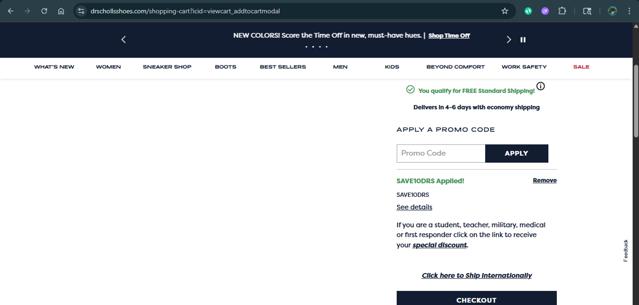 Dr. Scholls Shoes checkout page showing Dr. Scholls Shoes discount code box | Screenshot taken by SimplyCodes community member on Aug 6, 2025