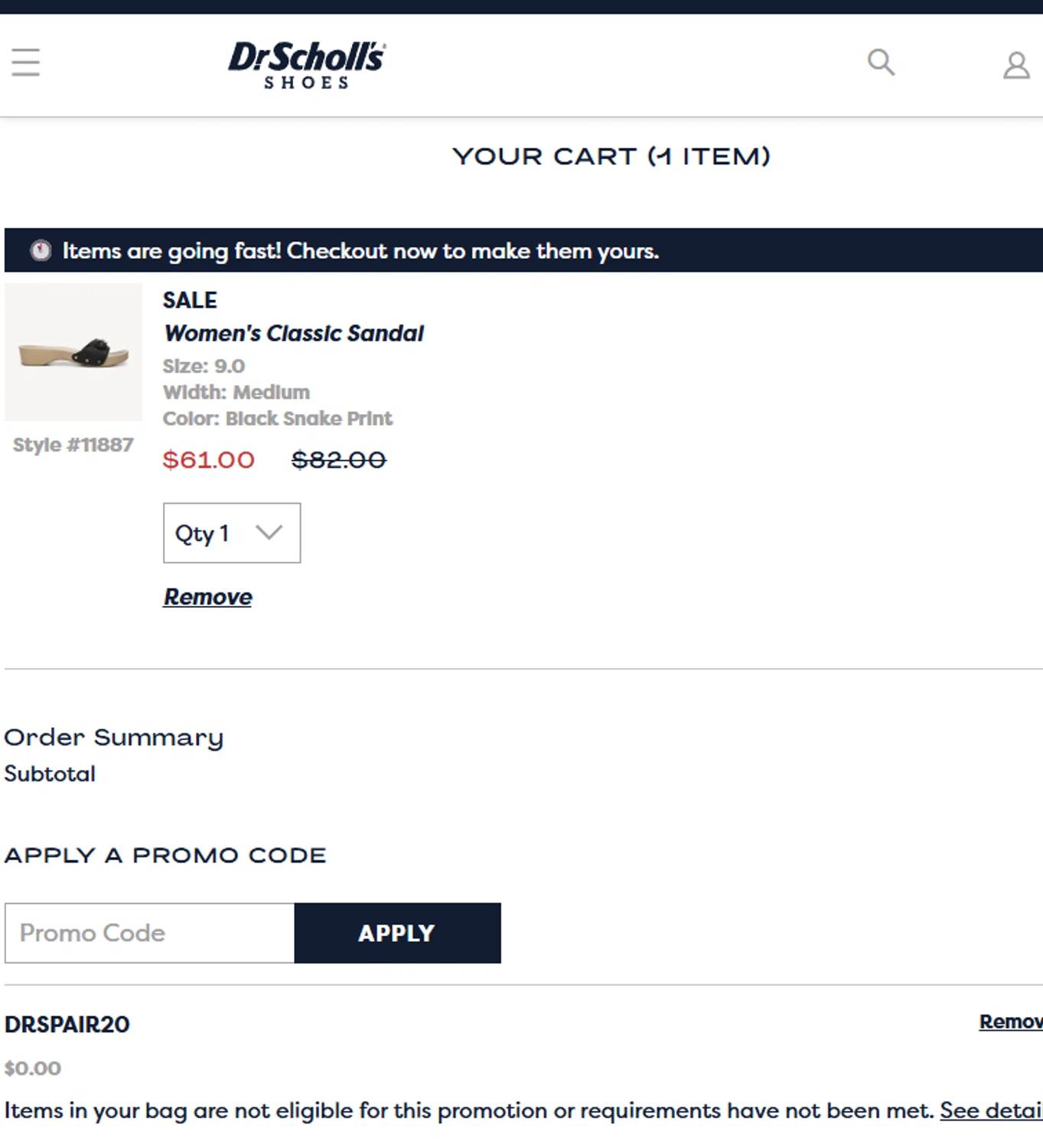 Dr. Scholls Shoes discount code screenshot showing code DRSPAIR20 applied at Dr. Scholls Shoes checkout page. Uploaded by SimplyCodes community member Dejadepicharme on May 6, 2025