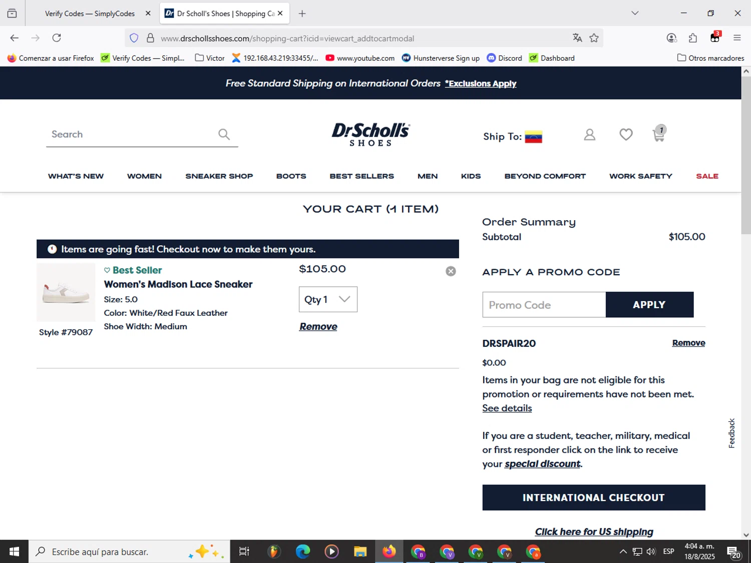 Dr. Scholls Shoes discount code screenshot showing code DRSPAIR20 applied at Dr. Scholls Shoes checkout page. Uploaded by SimplyCodes community member Garou_Y2K on Aug 18, 2025