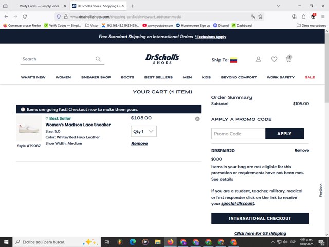 Dr. Scholls Shoes checkout page showing Dr. Scholls Shoes discount code box | Screenshot taken by SimplyCodes community member on Aug 18, 2025