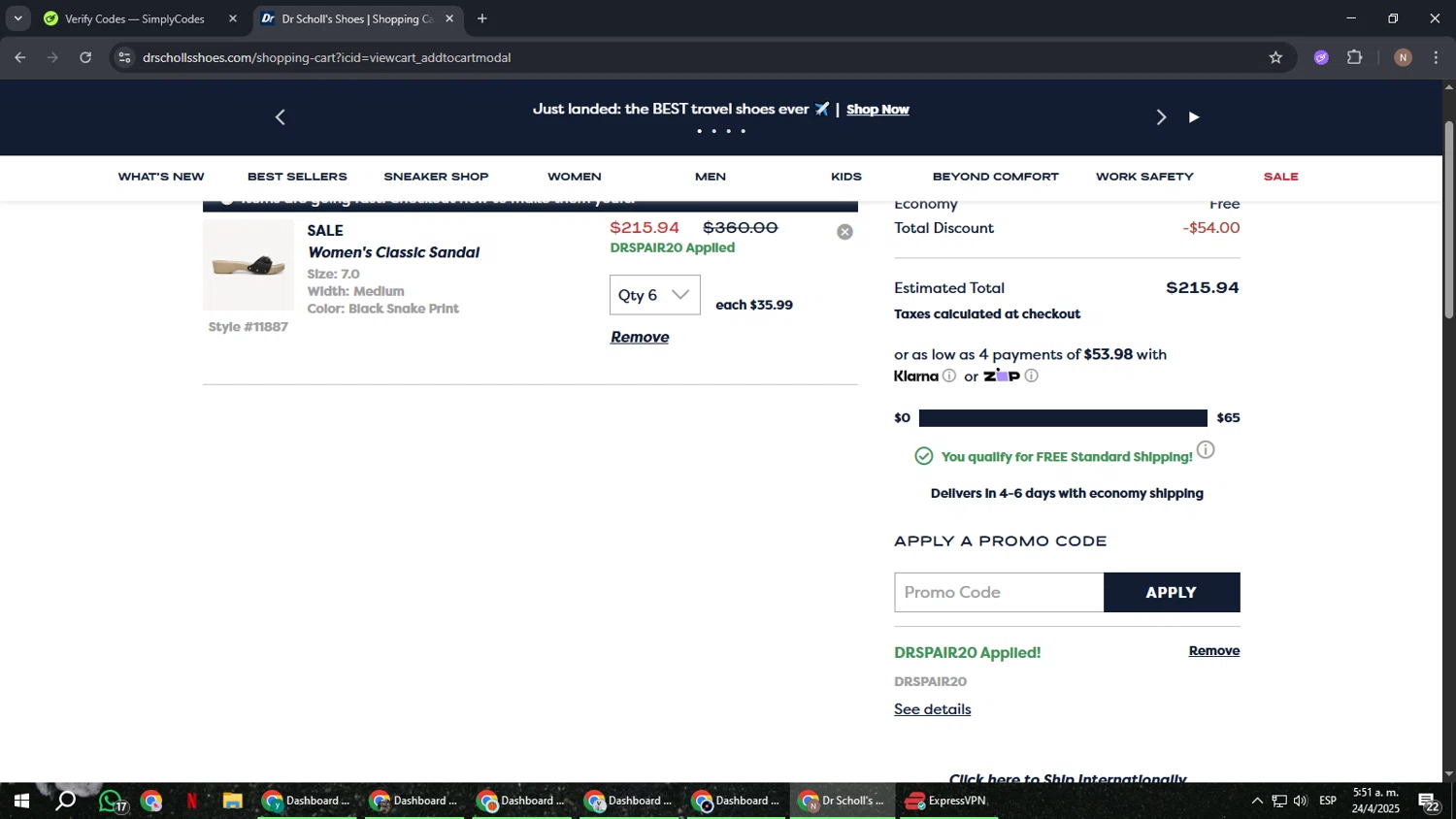 Dr. Scholls Shoes discount code screenshot showing code DRSPAIR20 applied at Dr. Scholls Shoes checkout page. Uploaded by SimplyCodes community member DiscountPioneer2554 on Apr 24, 2025