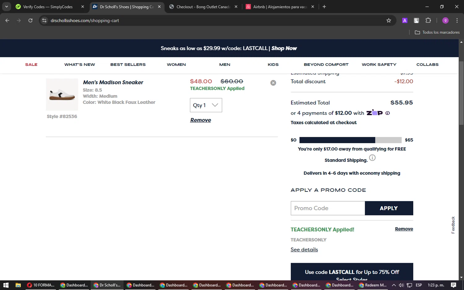 Dr. Scholls Shoes discount code screenshot showing code TEACHERSONLY applied at Dr. Scholls Shoes checkout page. Uploaded by SimplyCodes community member DealPilot7721 on Jan 24, 2025