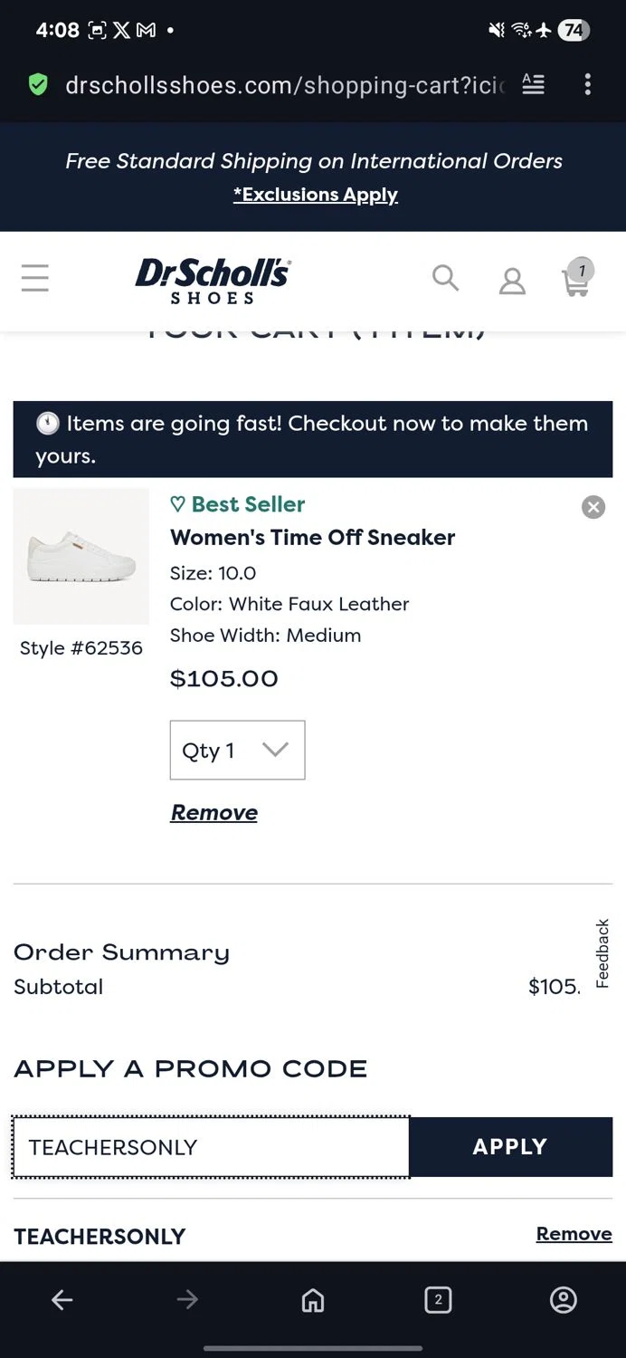 Dr. Scholls Shoes discount code screenshot showing code TEACHERSONLY applied at Dr. Scholls Shoes checkout page. Uploaded by SimplyCodes community member guest_623525963 on Aug 18, 2025
