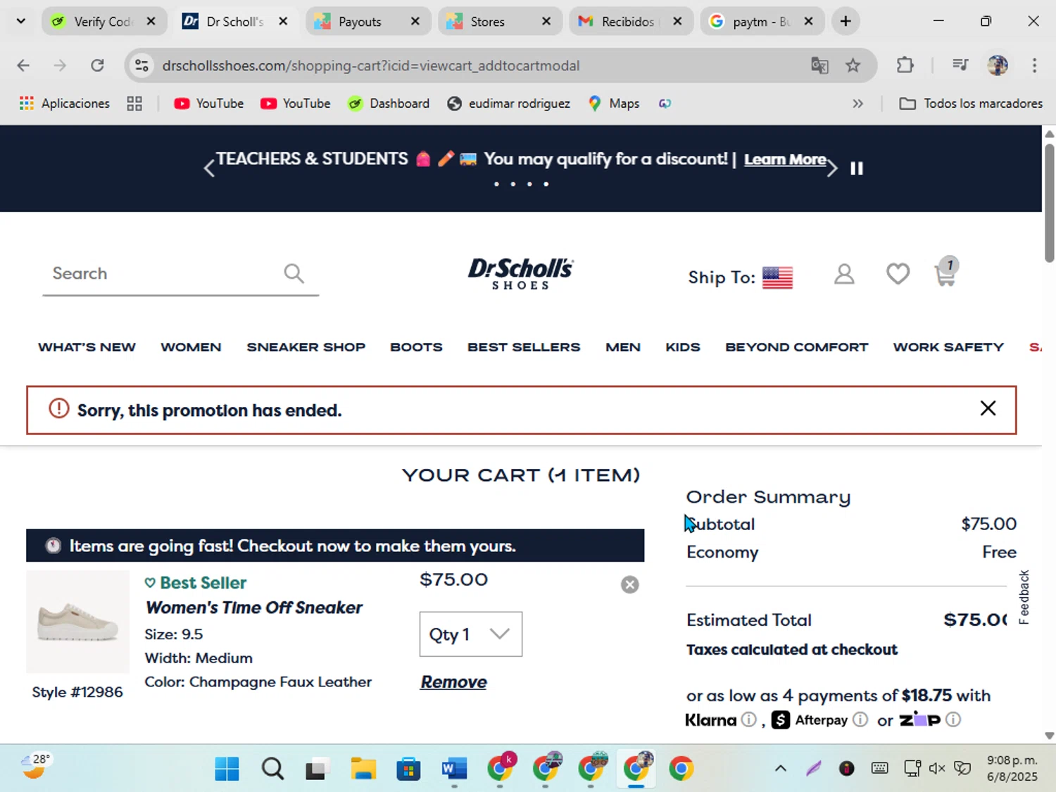 Dr. Scholls Shoes discount code screenshot showing code EXTRA20 applied at Dr. Scholls Shoes checkout page. Uploaded by SimplyCodes community member ShrewdSeeker5445 on Aug 7, 2025