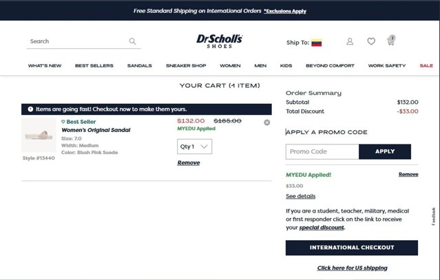 Dr. Scholls Shoes checkout page showing Dr. Scholls Shoes discount code box | Screenshot taken by SimplyCodes community member on Jul 18, 2025