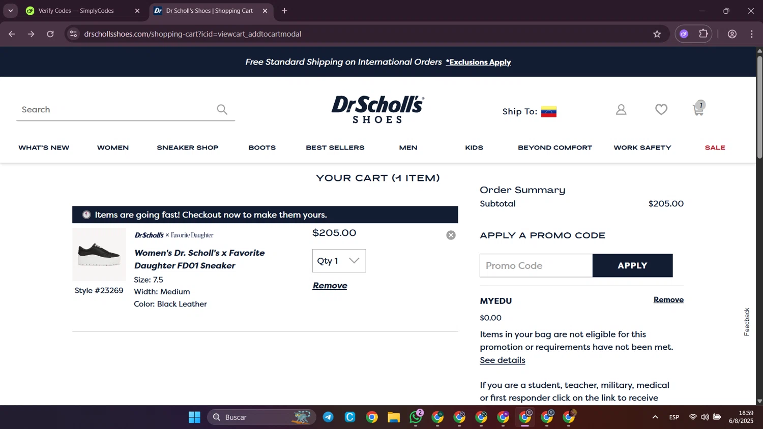 Dr. Scholls Shoes discount code screenshot showing code MYEDU applied at Dr. Scholls Shoes checkout page. Uploaded by SimplyCodes community member SilverWhiz4145 on Aug 6, 2025