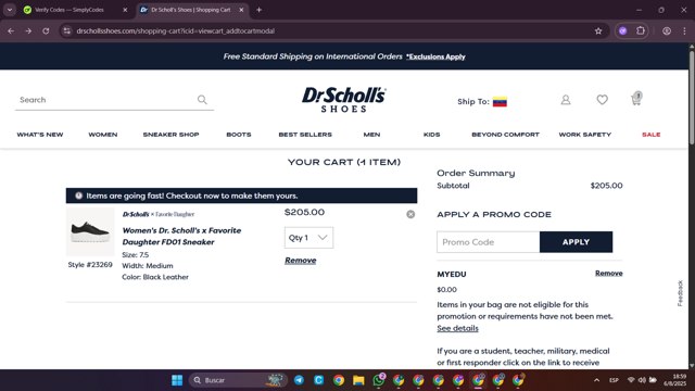 Dr. Scholls Shoes checkout page showing Dr. Scholls Shoes discount code box | Screenshot taken by SimplyCodes community member on Aug 6, 2025
