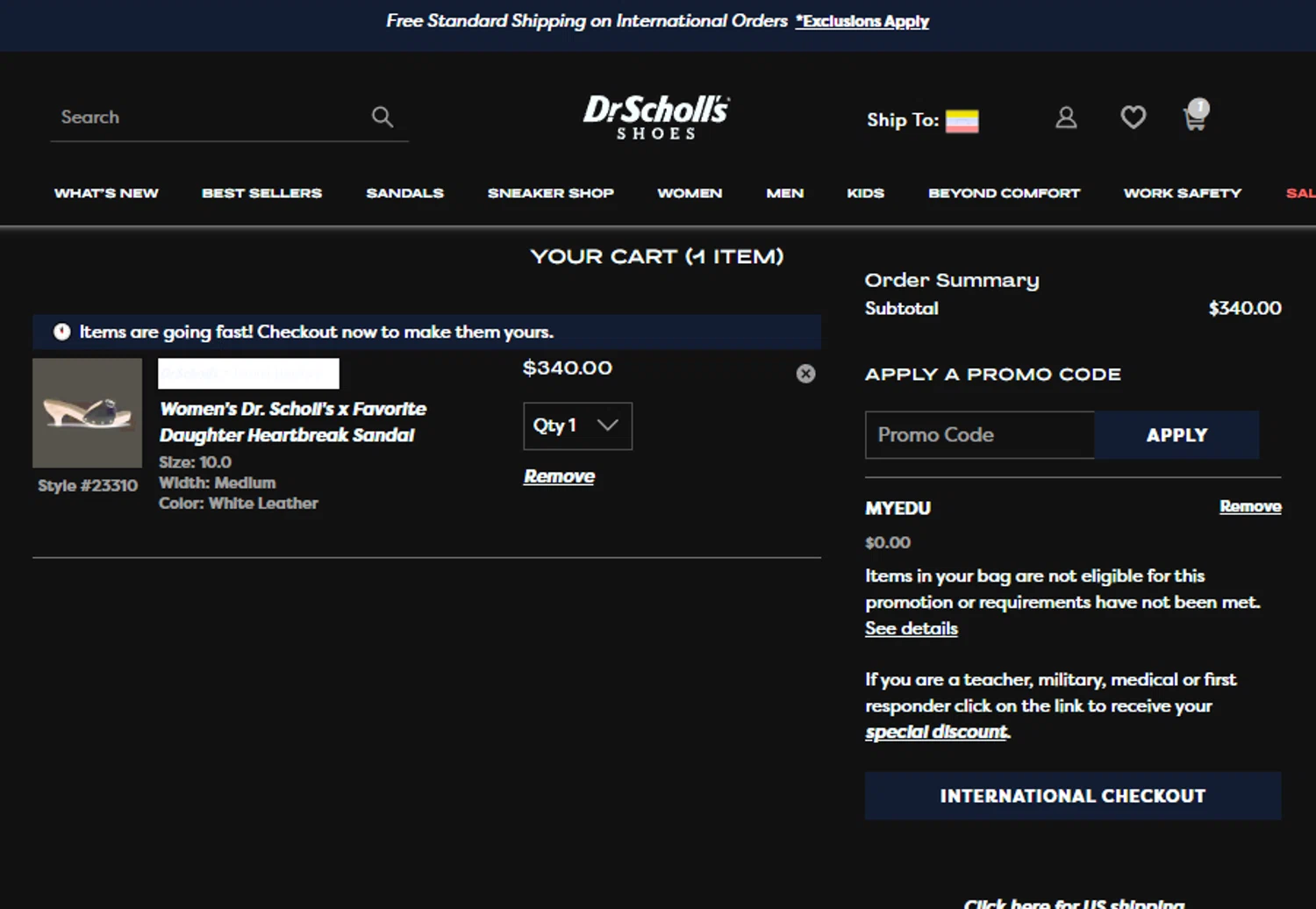 Dr. Scholls Shoes discount code screenshot showing code MYEDU applied at Dr. Scholls Shoes checkout page. Uploaded by SimplyCodes community member idkxxx on Jun 19, 2025