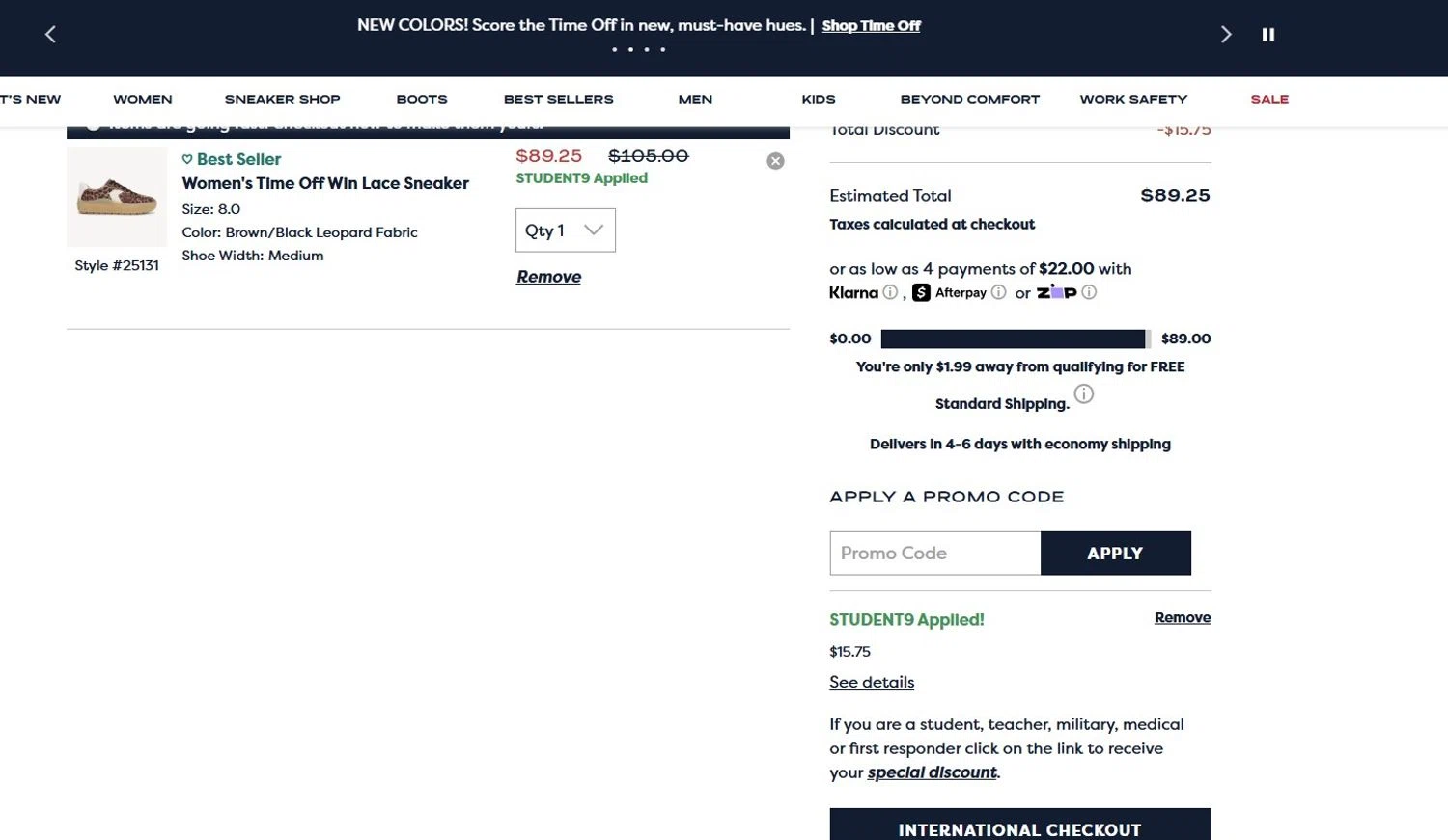 Dr. Scholls Shoes discount code screenshot showing code STUDENT9RRYXVPIU applied at Dr. Scholls Shoes checkout page. Uploaded by SimplyCodes community member angelfigueroa2008 on Aug 24, 2025