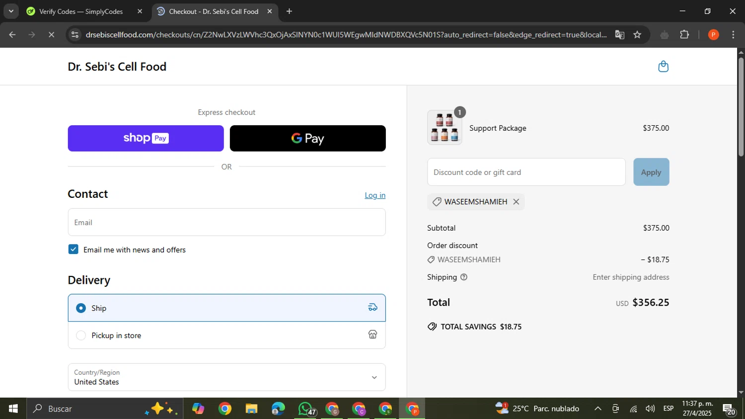 Dr. Sebi's Cell Food promo code screenshot showing code WASEEMSHAMIEH applied at Dr. Sebi's Cell Food checkout page. Uploaded by SimplyCodes community member VictoriousCaptain2658 on Apr 28, 2025
