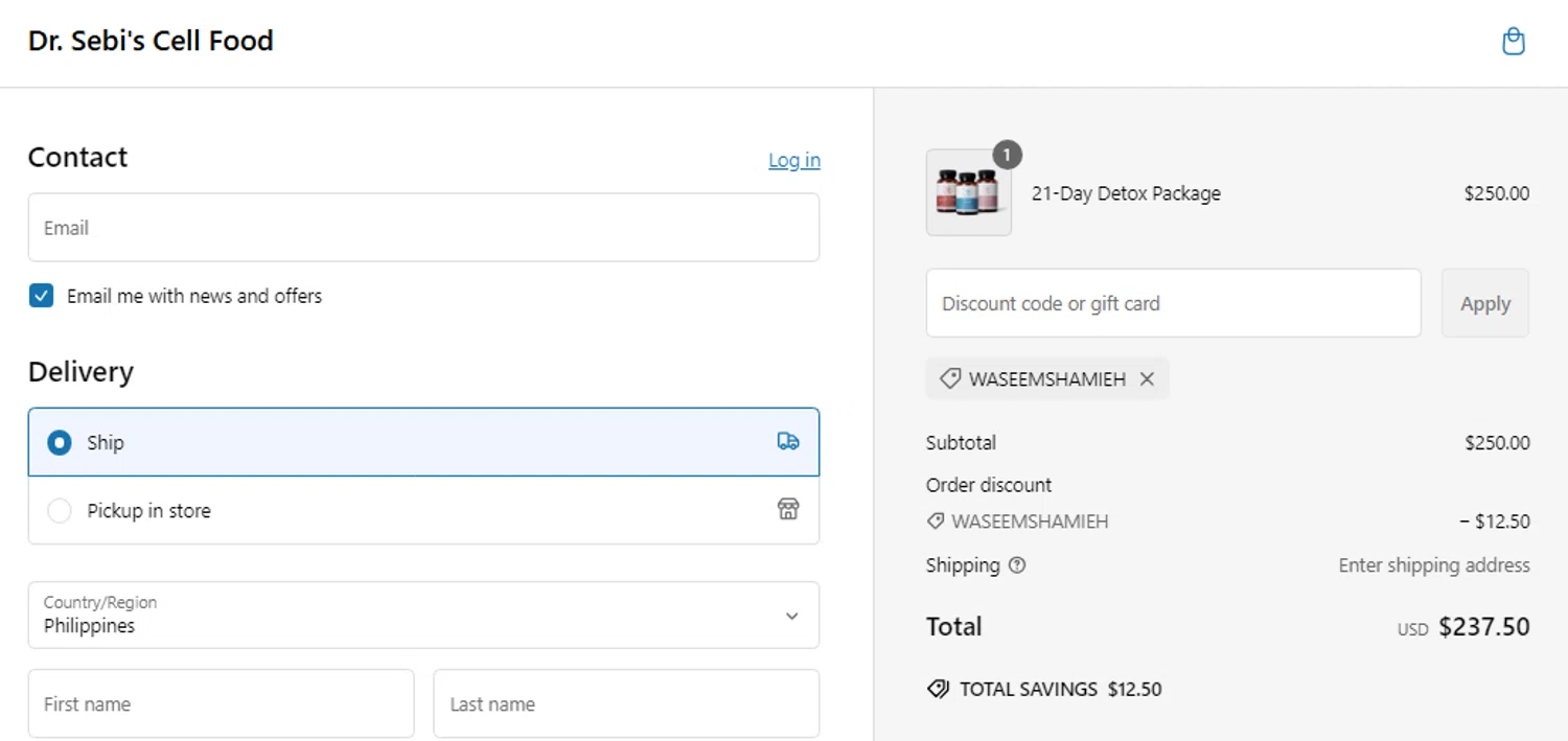 Dr. Sebi's Cell Food promo code screenshot showing code WASEEMSHAMIEH applied at Dr. Sebi's Cell Food checkout page. Uploaded by SimplyCodes community member pradenest_e8ec on Feb 6, 2025