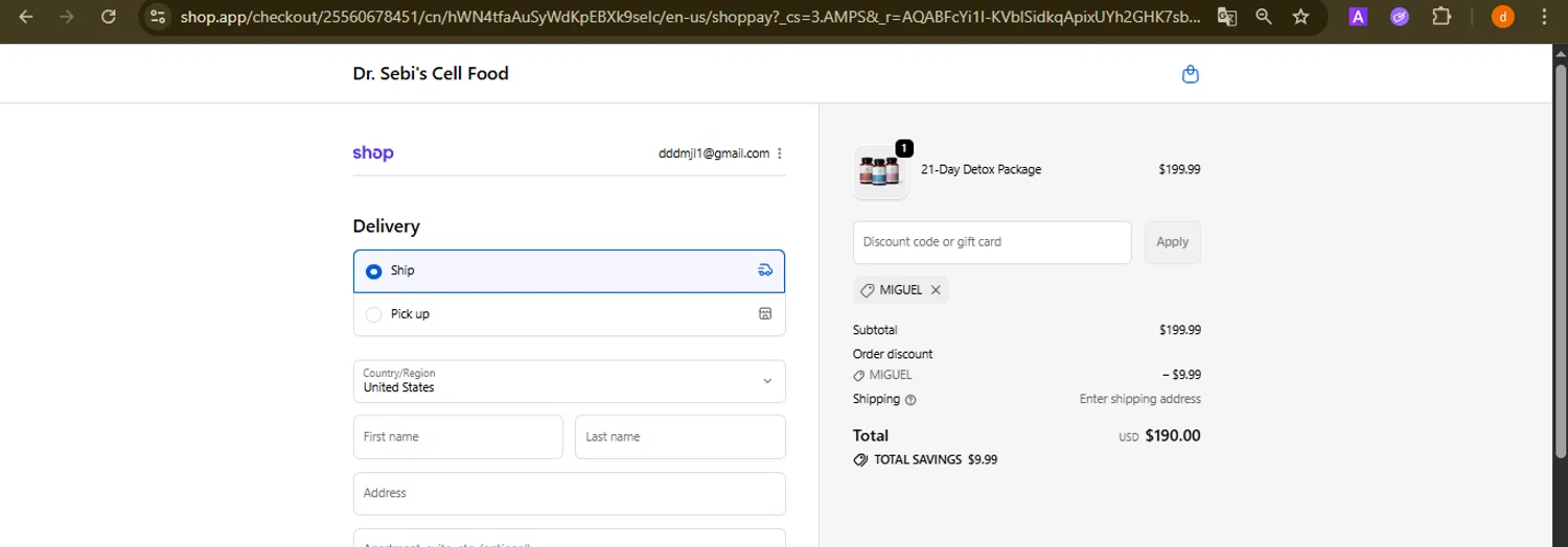Dr. Sebi's Cell Food promo code screenshot showing code miguel applied at Dr. Sebi's Cell Food checkout page. Uploaded by SimplyCodes community member PennyAdmiral6960 on Nov 4, 2025