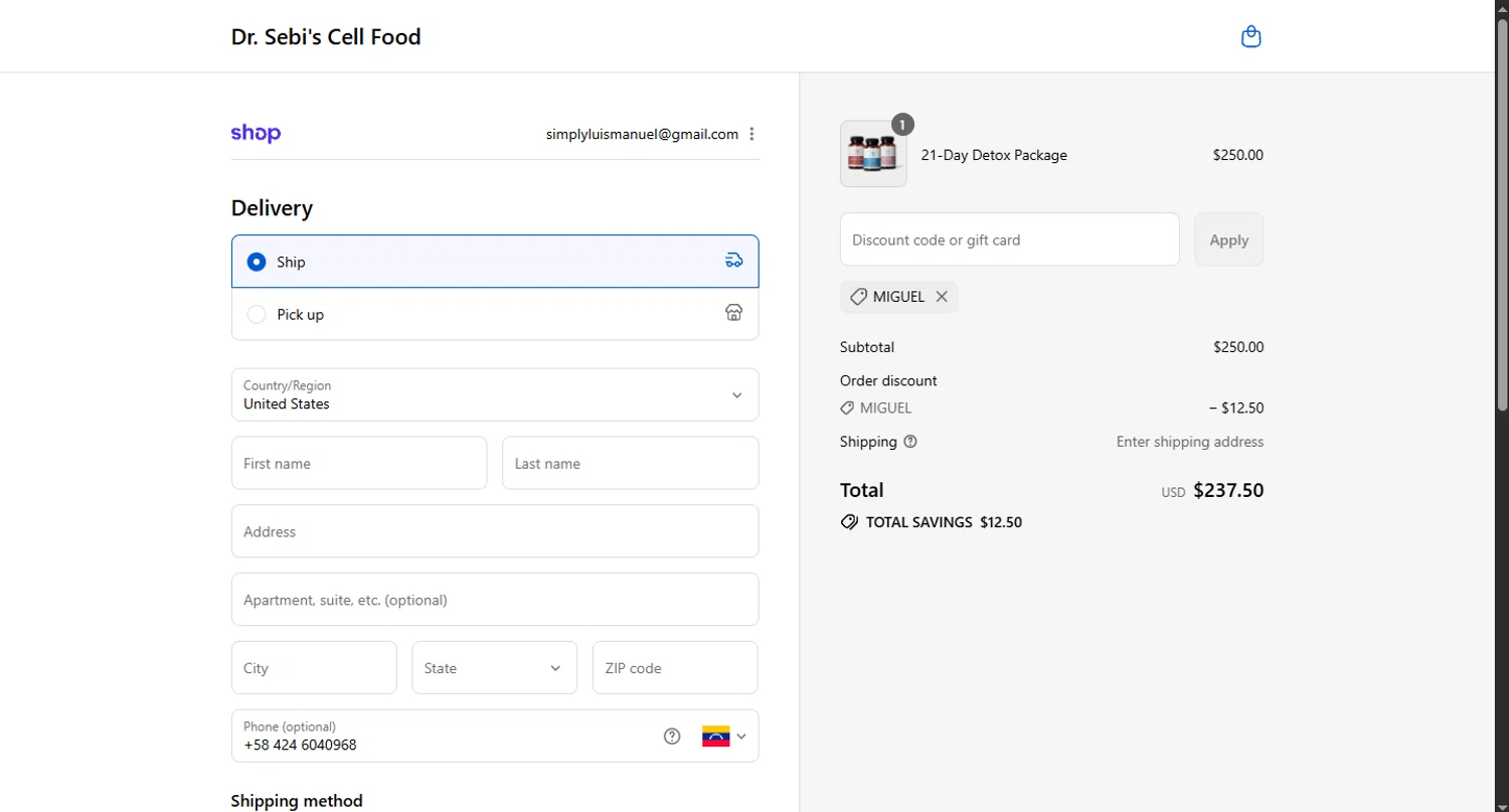 Dr. Sebi's Cell Food promo code screenshot showing code miguel applied at Dr. Sebi's Cell Food checkout page. Uploaded by SimplyCodes community member WoskalJR on Sep 9, 2025
