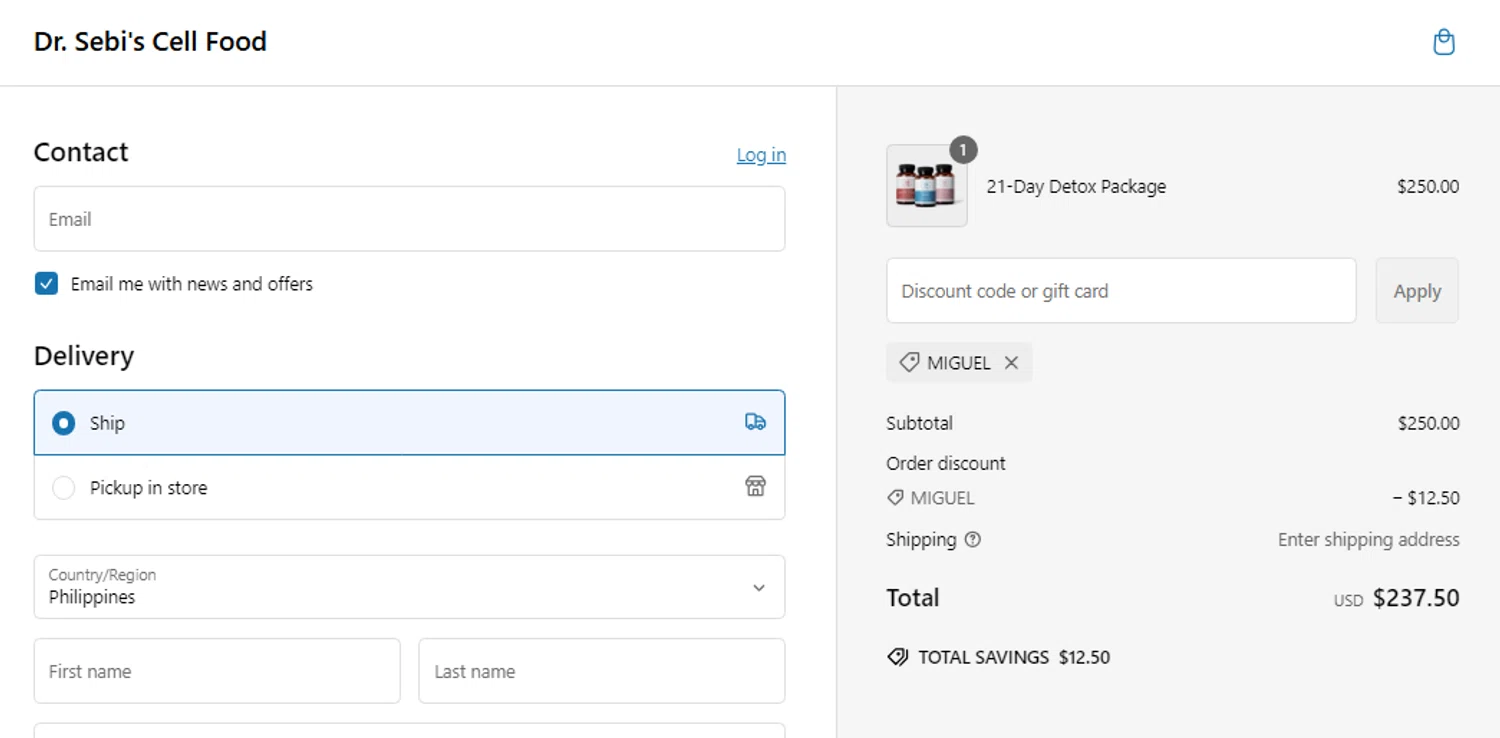 Dr. Sebi's Cell Food promo code screenshot showing code miguel applied at Dr. Sebi's Cell Food checkout page. Uploaded by SimplyCodes community member pradenest_e8ec on Feb 6, 2025