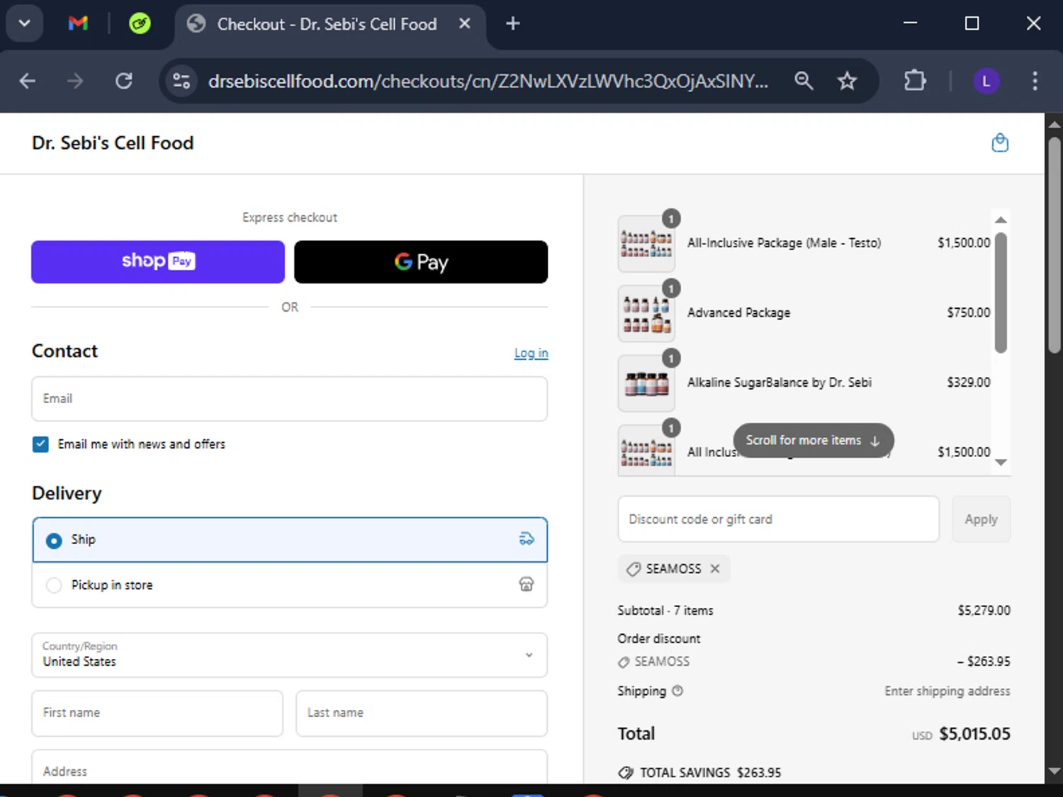 Dr. Sebi's Cell Food promo code screenshot showing code SEAMOSS applied at Dr. Sebi's Cell Food checkout page. Uploaded by SimplyCodes community member CoinElite8726 on Apr 28, 2025