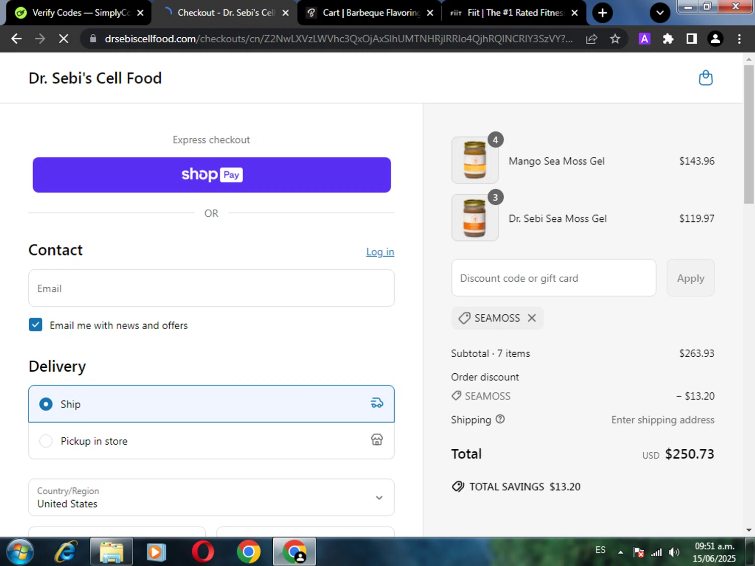 Dr. Sebi's Cell Food promo code screenshot showing code SEAMOSS applied at Dr. Sebi's Cell Food checkout page. Uploaded by SimplyCodes community member miguel02 on Jun 15, 2025