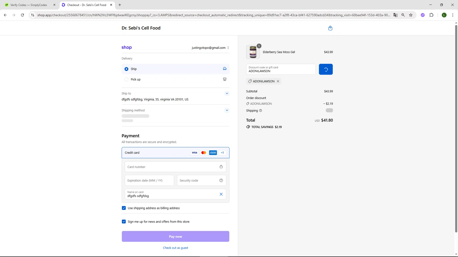 Dr. Sebi's Cell Food promo code screenshot showing code ADONILAWSON applied at Dr. Sebi's Cell Food checkout page. Uploaded by SimplyCodes community member DUCATI on Sep 9, 2025