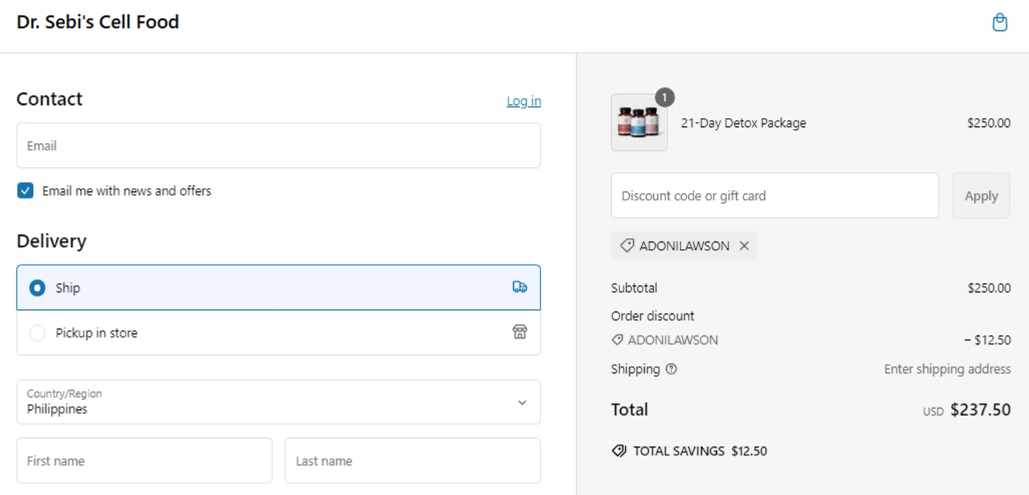 Dr. Sebi's Cell Food promo code screenshot showing code ADONILAWSON applied at Dr. Sebi's Cell Food checkout page. Uploaded by SimplyCodes community member pradenest_e8ec on Feb 6, 2025