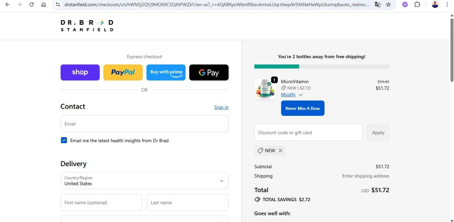Dr Brad Stanfield discount code screenshot showing code new applied at Dr Brad Stanfield checkout page. Uploaded by SimplyCodes community member joseg151520 on Nov 26, 2025