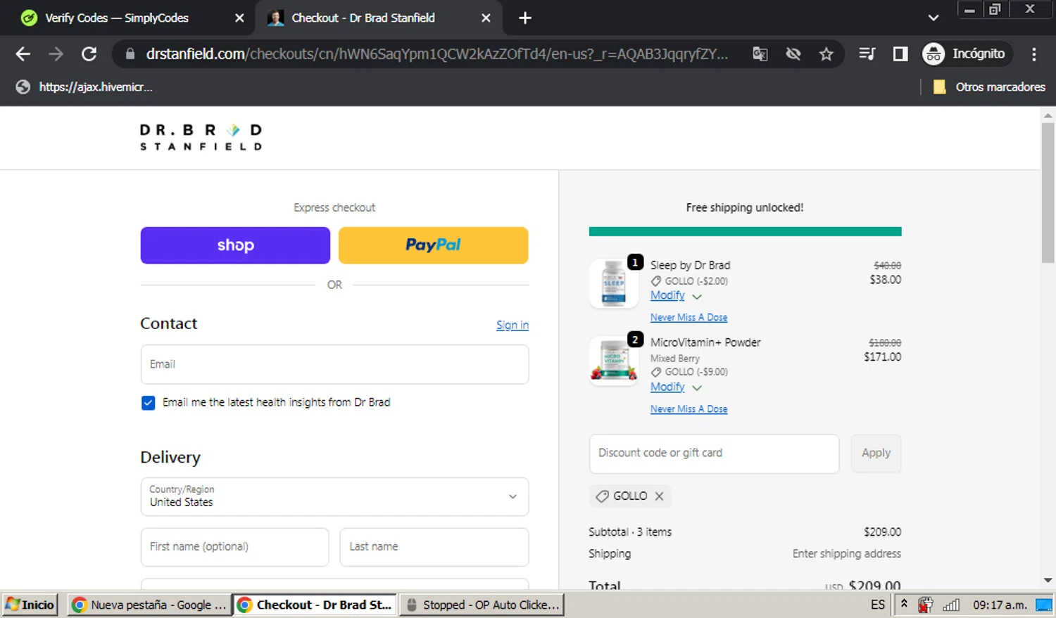 Dr Brad Stanfield discount code screenshot showing code Gollo applied at Dr Brad Stanfield checkout page. Uploaded by SimplyCodes community member hectordiaz on Dec 15, 2025