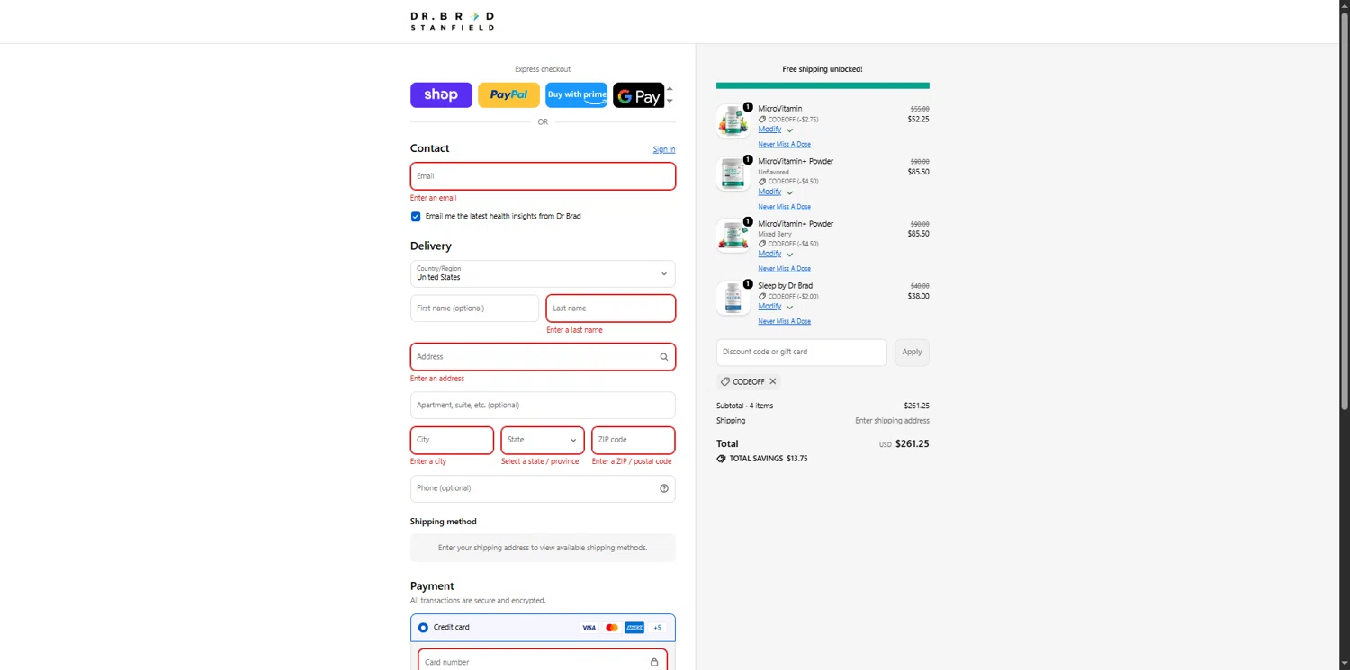 Dr Brad Stanfield checkout page showing Dr Brad Stanfield discount code box | Screenshot taken by SimplyCodes community member on Feb 7, 2026