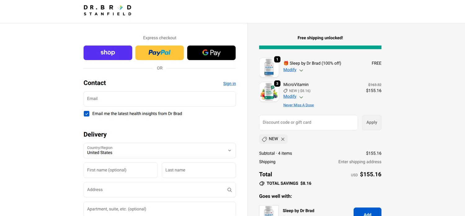 Dr Brad Stanfield discount code screenshot showing code new applied at Dr Brad Stanfield checkout page. Uploaded by SimplyCodes community member Mongomery on Nov 13, 2025
