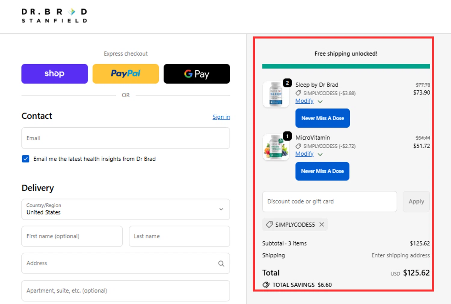 Dr Brad Stanfield discount code screenshot showing code SIMPLYCODES5 applied at Dr Brad Stanfield checkout page. Uploaded by SimplyCodes community member RebateHunter3112 on Nov 12, 2025