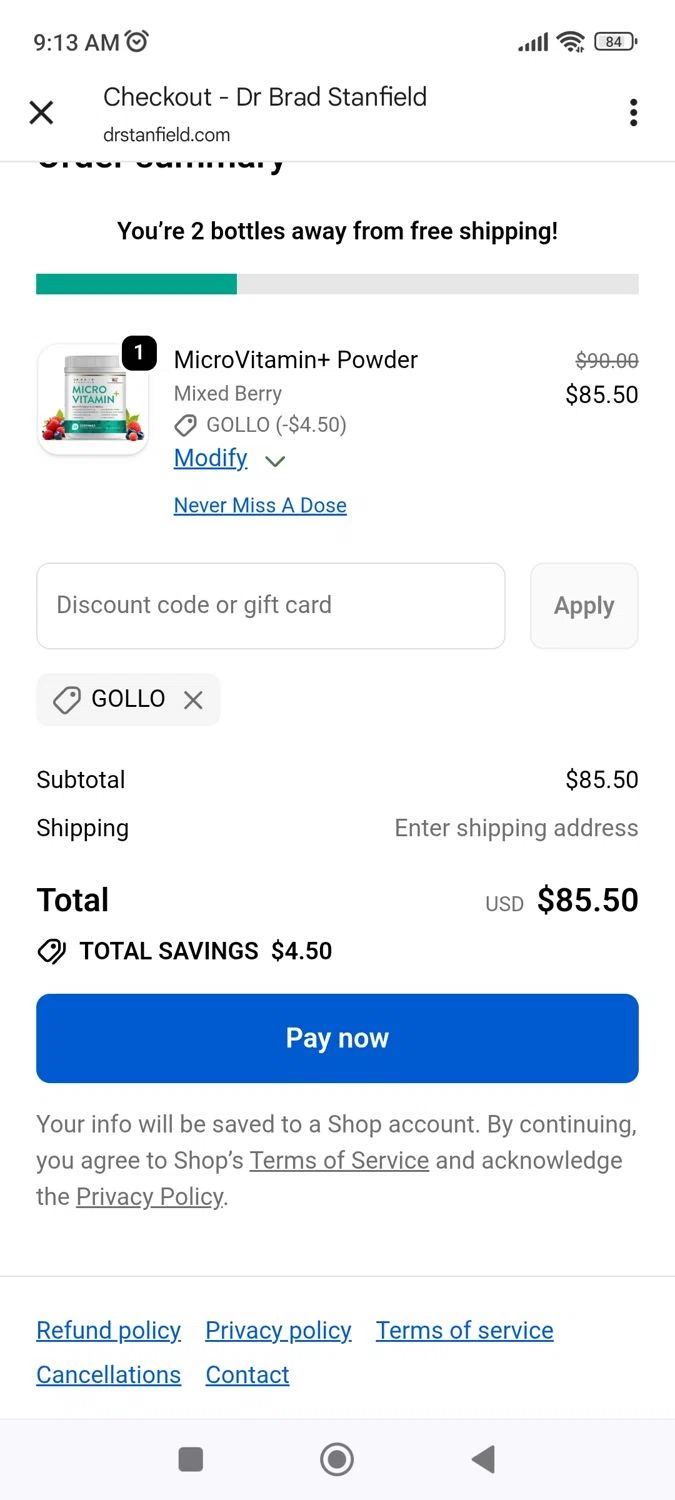 Dr Brad Stanfield discount code screenshot showing code Gollo applied at Dr Brad Stanfield checkout page. Uploaded by SimplyCodes community member geralddiaz on Dec 15, 2025