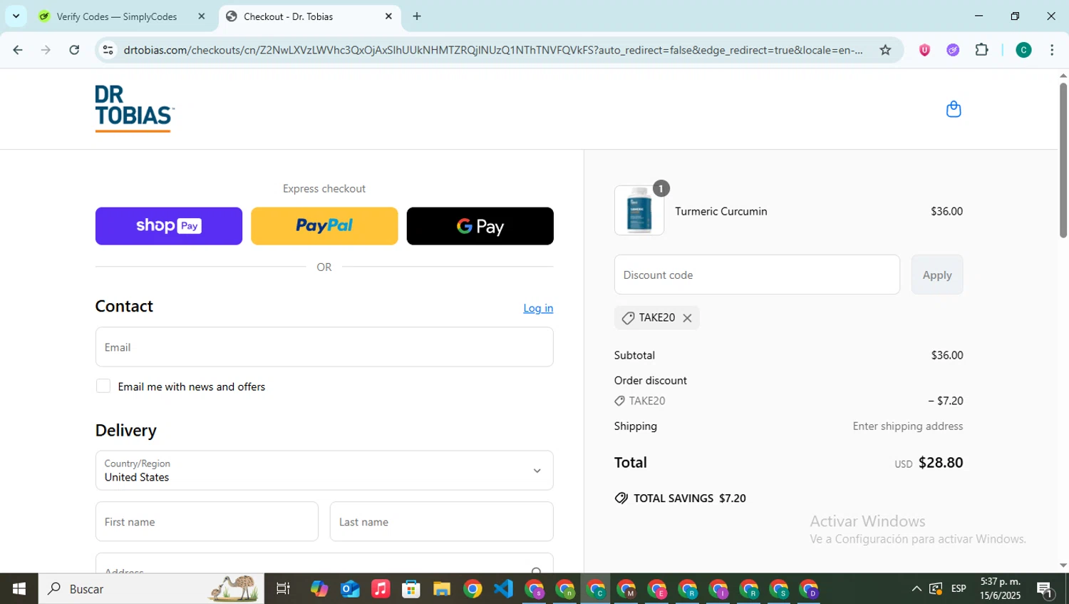 Dr. Tobias promo code screenshot showing code TAKE20 applied at Dr. Tobias checkout page. Uploaded by SimplyCodes community member BonusPilot927 on Jun 15, 2025