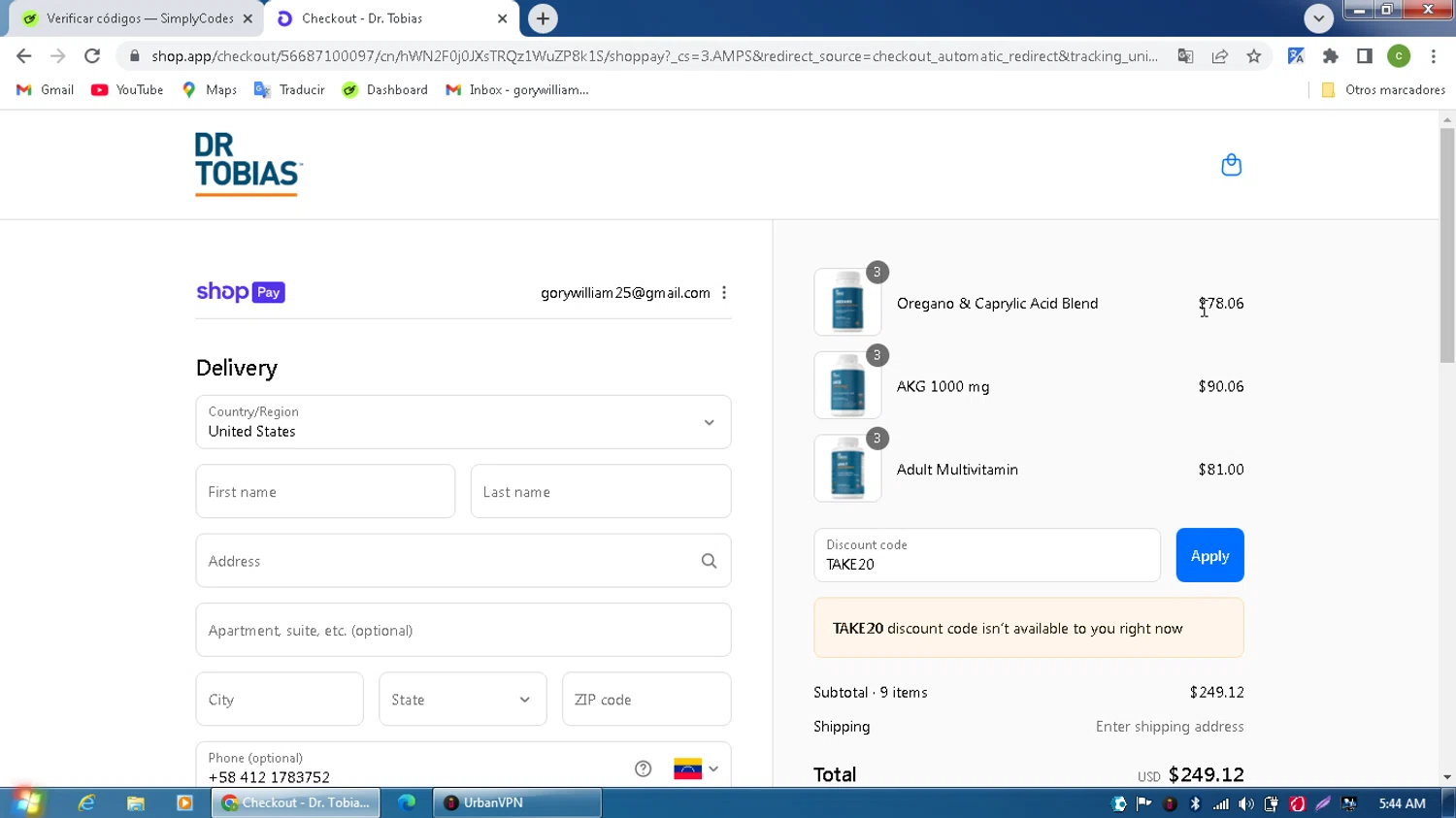 Dr. Tobias promo code screenshot showing code TAKE20 applied at Dr. Tobias checkout page. Uploaded by SimplyCodes community member MagnificentPilot8371 on Aug 26, 2025