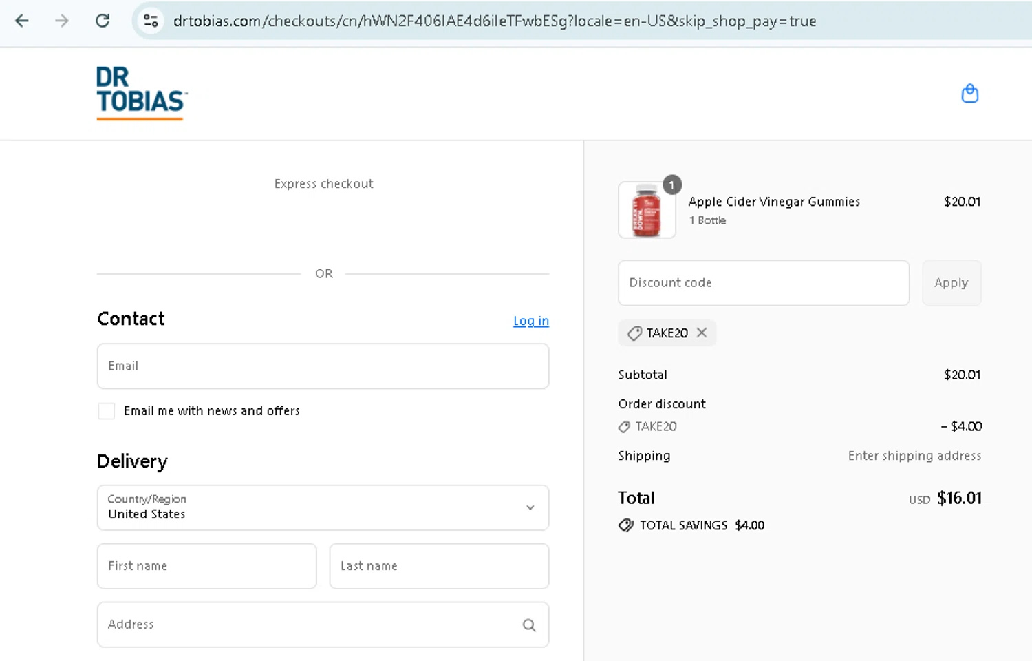 Dr. Tobias promo code screenshot showing code TAKE20 applied at Dr. Tobias checkout page. Uploaded by SimplyCodes community member TokenMonarch796 on Aug 26, 2025