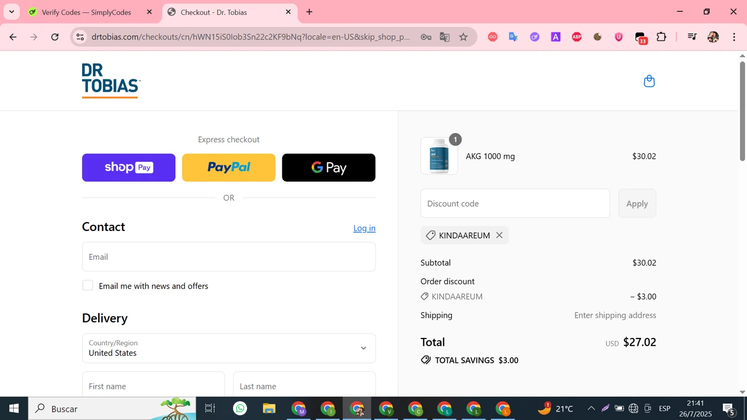 Dr. Tobias promo code screenshot showing code KINDAAREUM applied at Dr. Tobias checkout page. Uploaded by SimplyCodes community member Susejprimera on Jul 27, 2025