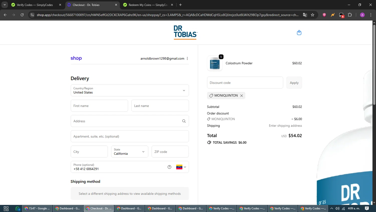Dr. Tobias promo code screenshot showing code MONIQUINTON applied at Dr. Tobias checkout page. Uploaded by SimplyCodes community member CouponScout5403 on Nov 24, 2025