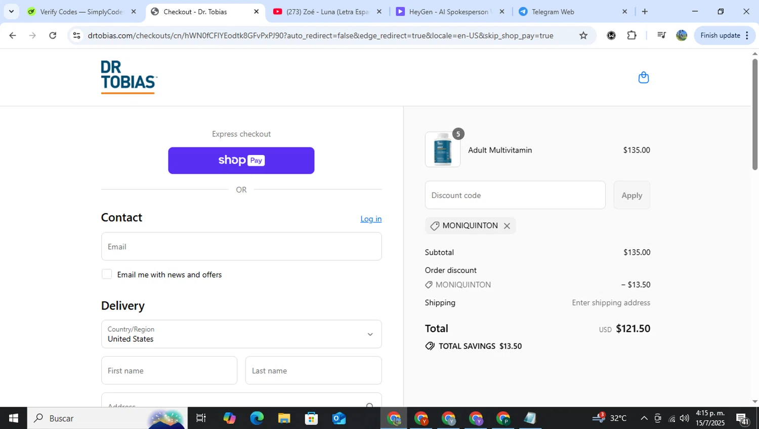 Dr. Tobias promo code screenshot showing code MONIQUINTON applied at Dr. Tobias checkout page. Uploaded by SimplyCodes community member RoyalHero6815 on Jul 15, 2025