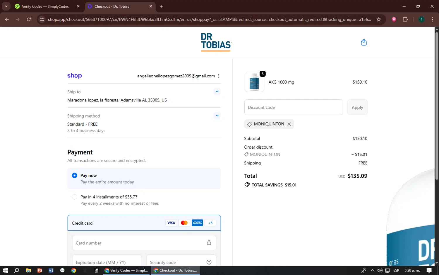 Dr. Tobias promo code screenshot showing code MONIQUINTON applied at Dr. Tobias checkout page. Uploaded by SimplyCodes community member zizu55 on Oct 18, 2025